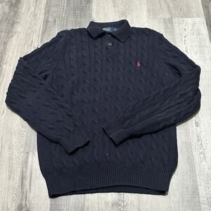 Polo Ralph Lauren Pima Cotton Cable Knit Sweater Mens Large Button Collar Preppy
